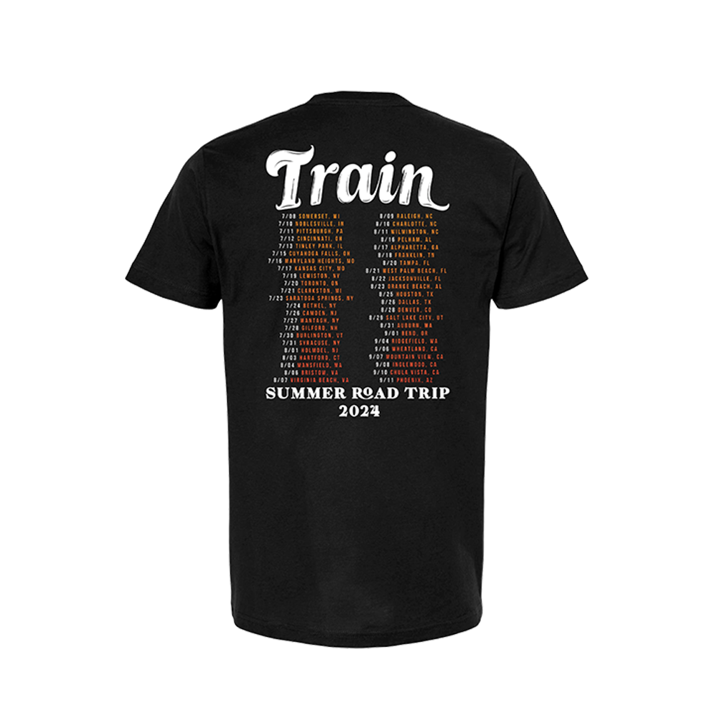 Black t-shirt with ’Train’ and tour dates printed on the back for a 2023 Summer Road Trip.