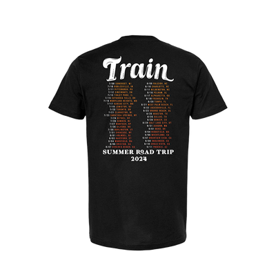 Black t-shirt with ’Train’ and tour dates printed on the back for a 2023 Summer Road Trip.