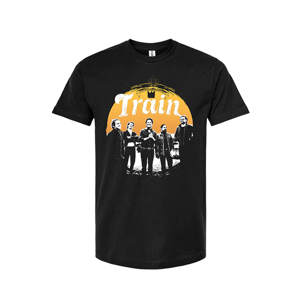 Black t-shirt featuring the band Train with their silhouettes against an orange circular background.