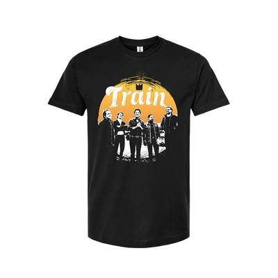 Black t-shirt featuring the band Train with their silhouettes against an orange circular background.