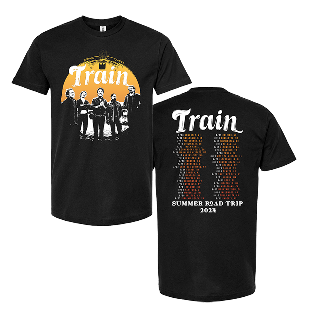 Black t-shirt featuring the band Train’s summer road trip tour design for 2023.