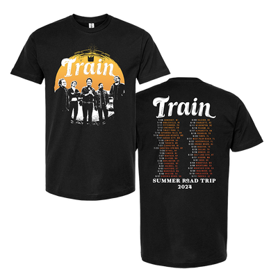 Black t-shirt featuring the band Train’s summer road trip tour design for 2023.