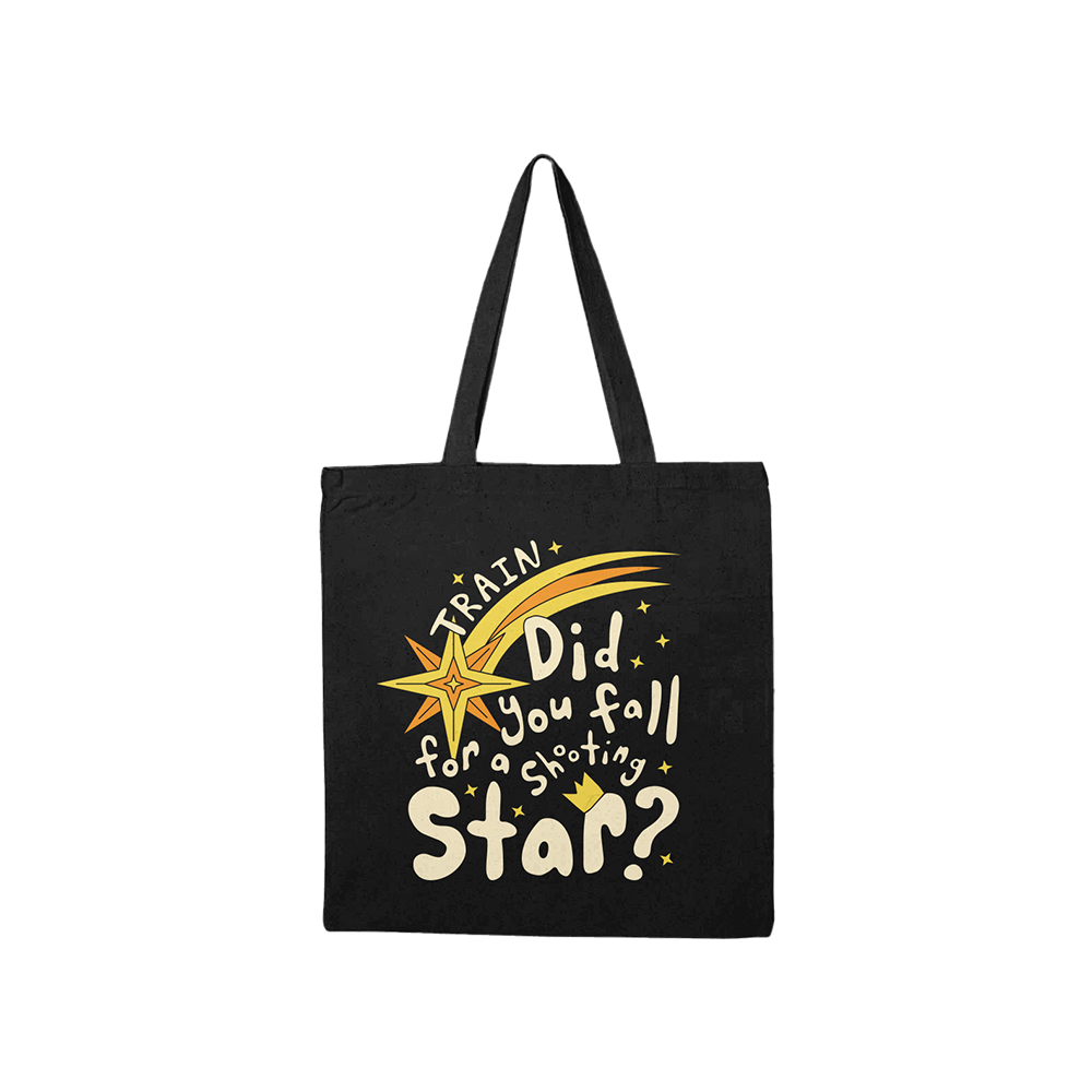 Black tote bag with colorful text and star design.