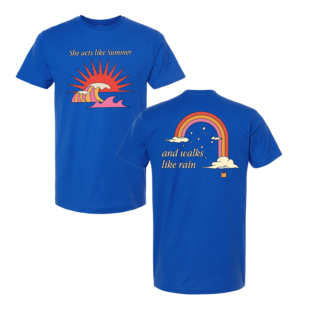 Blue t-shirt with colorful summer and rain-themed graphics and text on front and back.